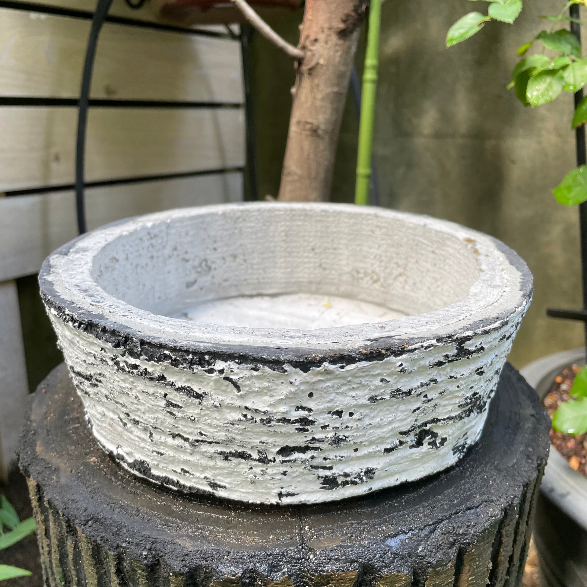 左官技術で樹皮の質感を再現した、コンクリート製切り株スツール。耐荷重80kgで、庭のベンチや店舗のディスプレイ什器としても使える重厚なアート家具 (NoelHatch)